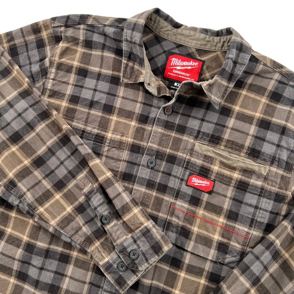 Milwaukee Tools Gridiron Heavy Flannel Shirt Mens XL Brown Plaid Cotton Workwear